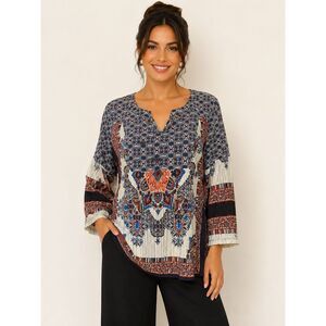 Anthropologie Fig & Flower Boho Pleated Blouse Paisley Mixed Print Peasant Top M